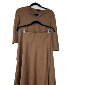 Tan A-Line Dress with Mandarin Collar and 3/4 Sleeves for Work